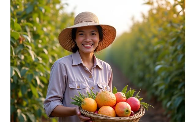 Petani sedang memetik buah-buahan segar di ladang tempatan