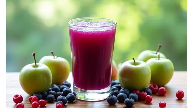 Jus segar dengan buah-buahan rendah gula seperti beri dan epal hijau