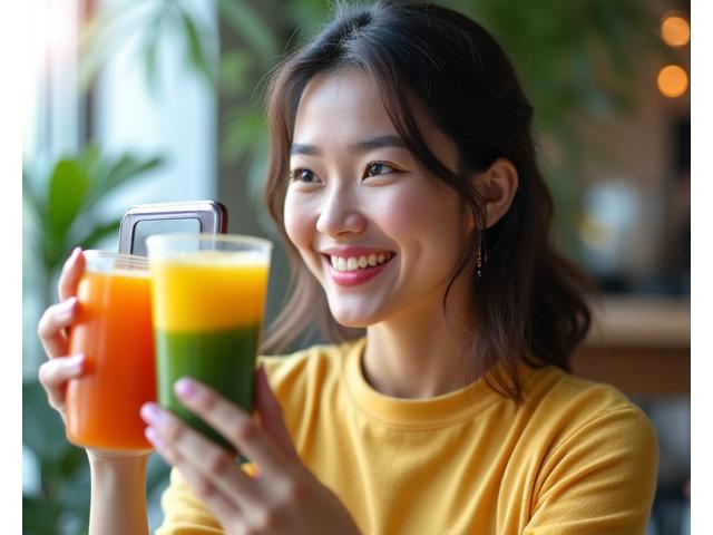 Seorang pelanggan sedang mengambil gambar jus segar untuk Instagram di Rasa Juicery