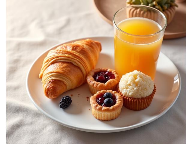 Pelbagai pastri artisanal: muffin, croissant, dan tart buah