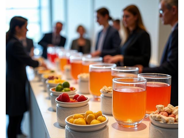 Table spread with various juices and fruit bowls for an event