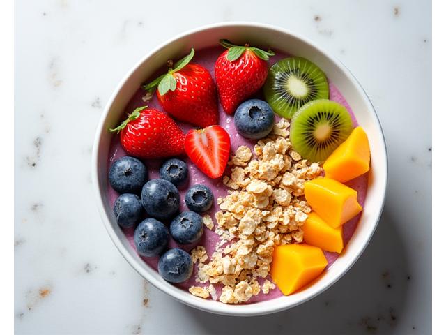 Mangkuk buah campuran eksotik dengan granola