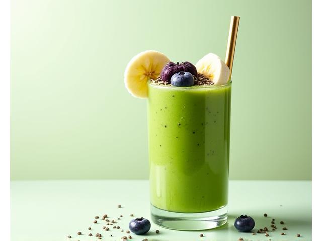 Smoothie hijau pekat dengan topping biji chia dan beri