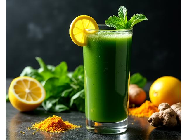 Jus hijau gelap dihiasi herba untuk detoks
