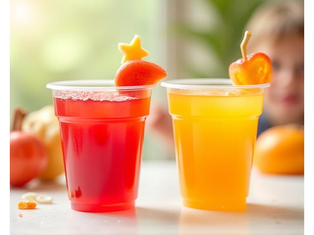 Jus cawan kecil berwarna-warni dengan hiasan buah ceria untuk kanak-kanak