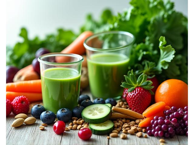 Buah-buahan dan sayuran vegan di atas meja kayu