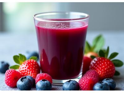 Segelas jus beri campuran merah pekat dengan buah beri di sekelilingnya.