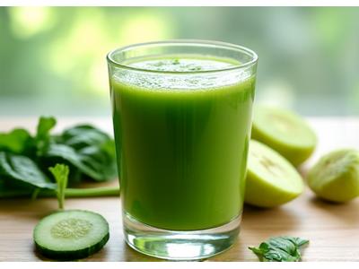 Segelas jus detoks hijau dengan sayur-sayuran segar seperti bayam dan timun.