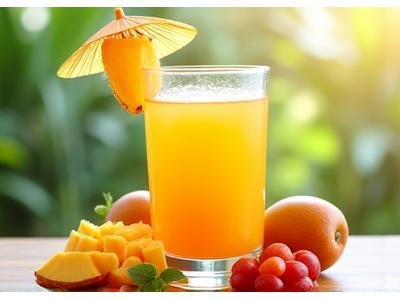 Segelas jus nanas dan mangga tropika dengan hirisan buah.