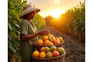 Petani memetik buah-buahan segar di ladang yang subur.