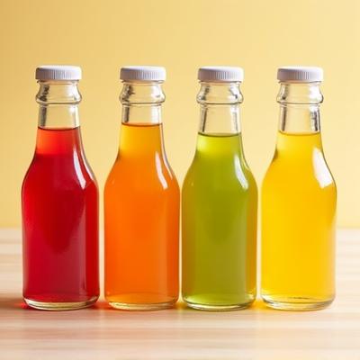 Berbagai jus buah berwarna-warni dalam botol kecil