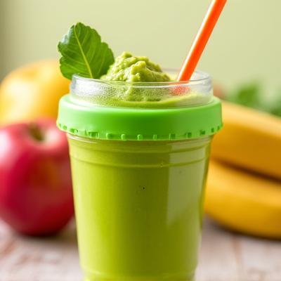 Smoothie hijau dalam cawan dengan sayur-sayuran tersembunyi