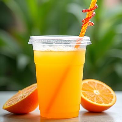 Cawan jus oren dicairkan dengan straw berwarna-warni