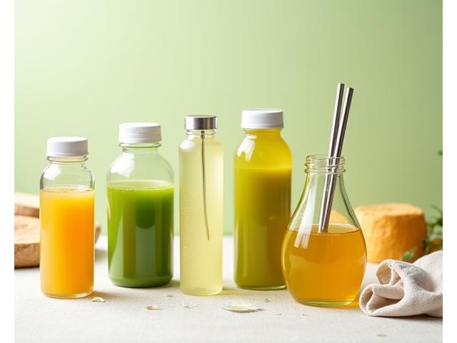 Cawan jus boleh kitar semula dan botol kaca dengan logo Rasa Juicery