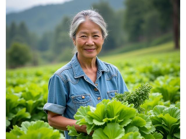 Puan Ahn, seorang petani sayuran, di ladangnya yang subur