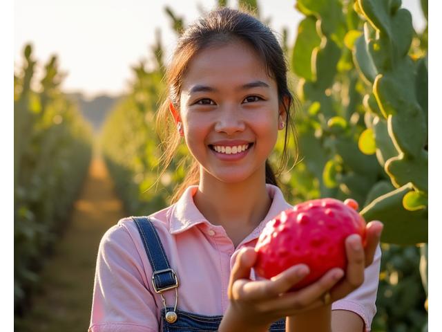 Siti, seorang petani buah-buahan, memegang buah naga merah segar