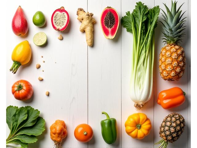 Ilustrasi pelbagai buah-buahan dan sayuran segar dengan label nutrisi