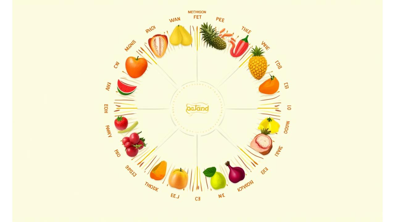 Ilustrasi kalendar bulanan menunjukkan buah-buahan dan sayuran musiman Malaysia