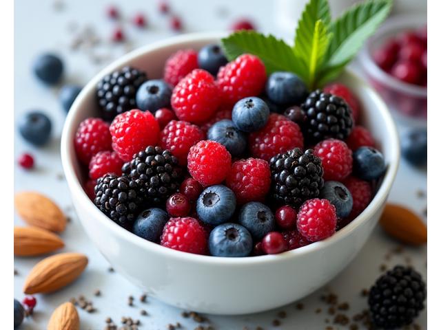 Mangkuk buah 'Antioxidant Power' dengan beri campur, goji, chia, dan badam