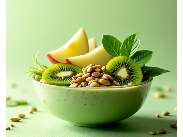 Mangkuk buah 'Green Goddess' dengan kiwi, epal hijau, bayam, dan biji labu