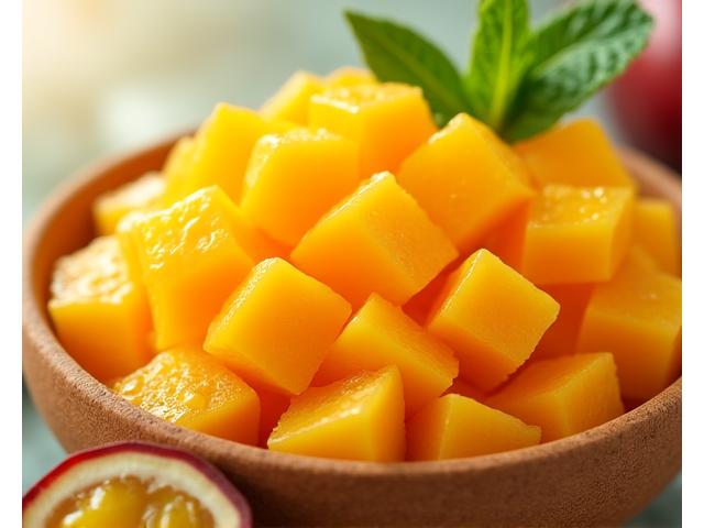 Mangkuk buah mango madness dengan hirisan mangga masak ranum dan passion fruit