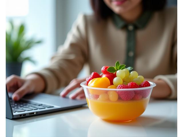 Seorang pekerja pejabat menikmati mangkuk buah di meja mereka