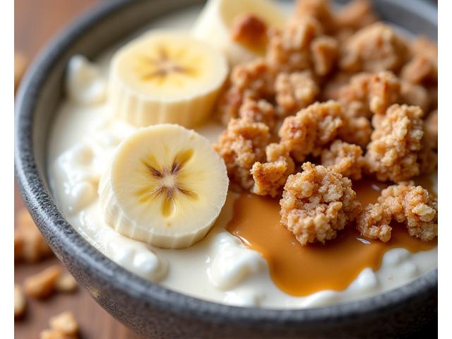 Mangkuk buah 'Protein Plus' dengan yogurt greek, pisang, mentega kacang, dan granola protein