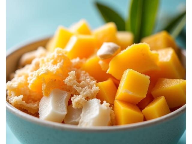 Mangkuk buah 'Tropical Paradise' dengan mangga, nanas, kelapa, dan macadamia