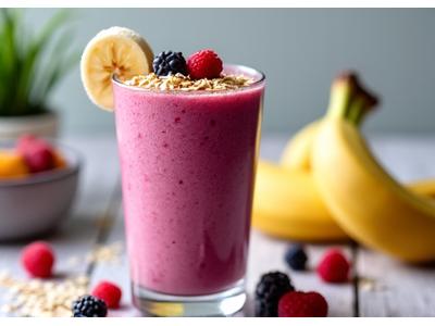 Smoothie kuning dengan oat dan beri, dihiasi dengan buah segar di atas meja kayu.