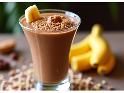 Smoothie coklat dengan mentega kacang dan pisang, menyerupai pencuci mulut yang sihat.
