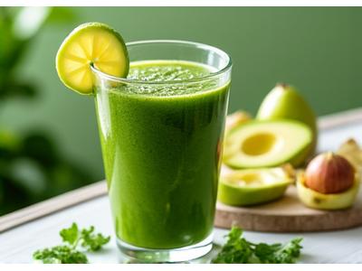 Smoothie hijau gelap dengan daun bayam, irisan alpukat, dan kelapa, menyerupai minuman detoks.
