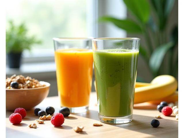 Dua gelas smoothie berwarna-warni dengan buah segar, granola, dan mangkuk oat di latar belakang, menunjukkan sarapan sihat.