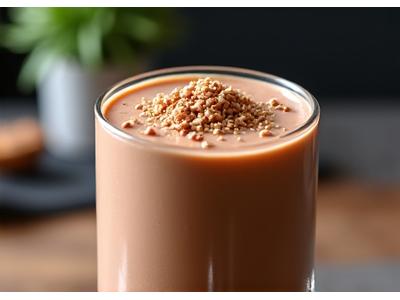 Smoothie coklat tebal dengan taburan kacang dan serbuk protein, menunjukkan minuman selepas senaman.