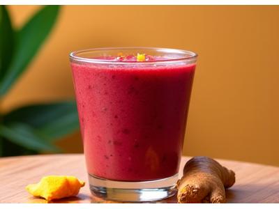 Smoothie merah cerah dengan ceri tart, halia, dan kunyit, menunjukkan manfaat anti-inflamasi.