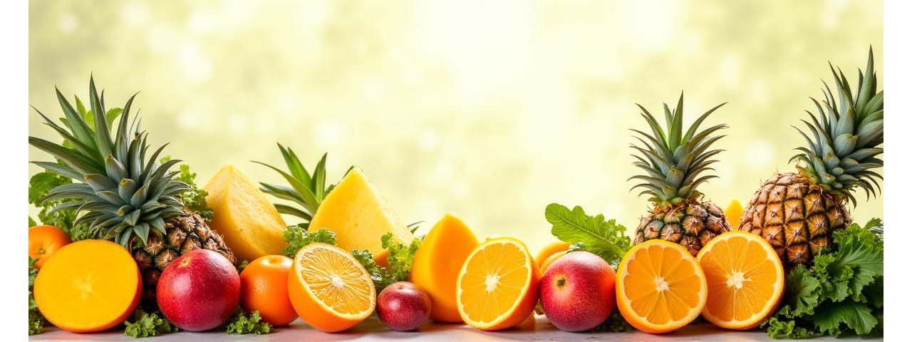 Banner jus buah segar Rasa Juicery dengan pelbagai buah-buahan tropika