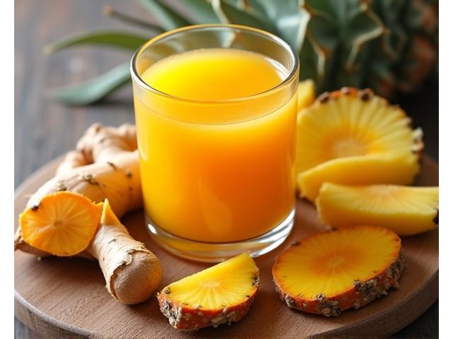 Jus kuning cerah dengan kunyit, halia, dan lemon untuk anti-radang.