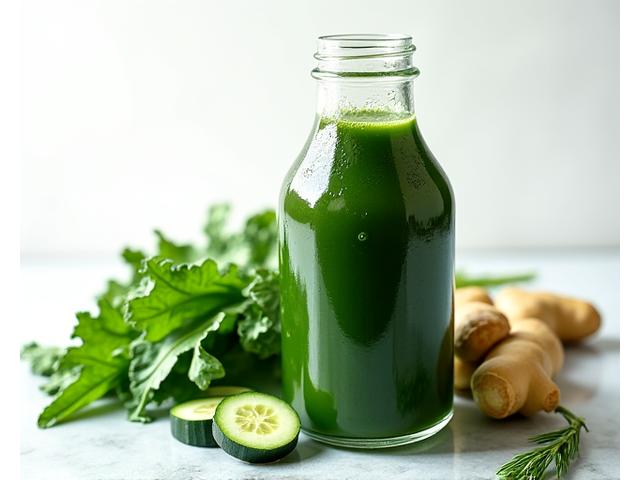 Jus detoks hijau pekat dengan kale, bayam, dan timun.