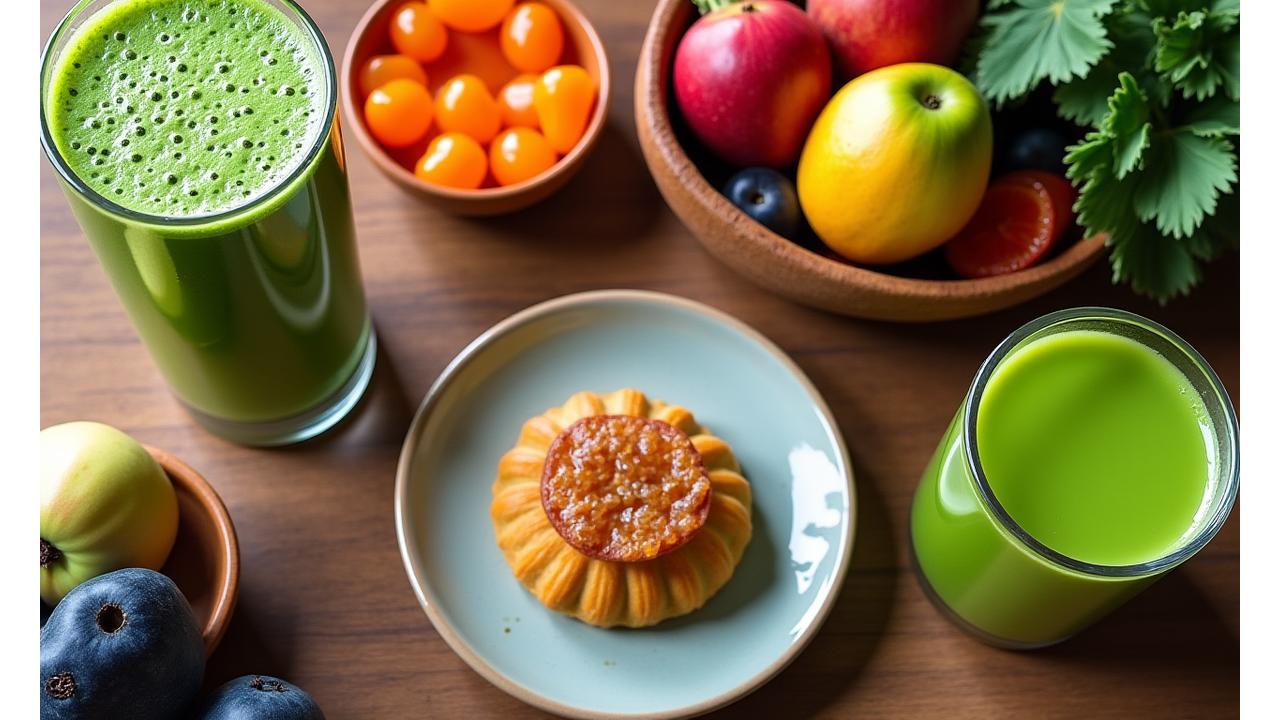 Meja berwarna-warni dengan pelbagai jus vegan dan pastri bebas gluten yang lazat di Rasa Juicery.