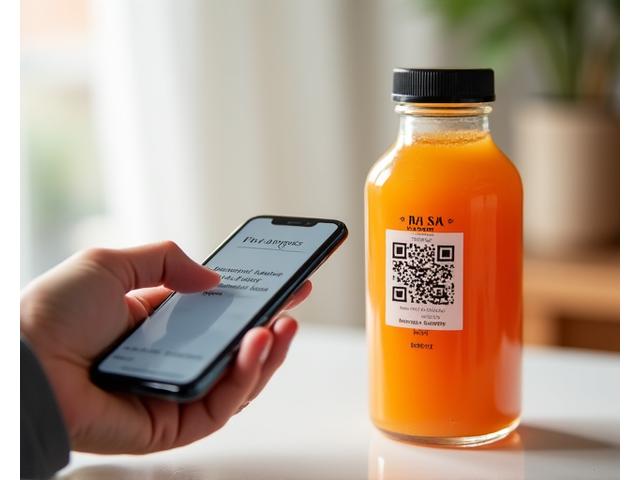 Sebuah tag dengan kod QR yang terpapar di atas sebuah produk jus Rasa Juicery, menunjukkan ketelusan maklumat.