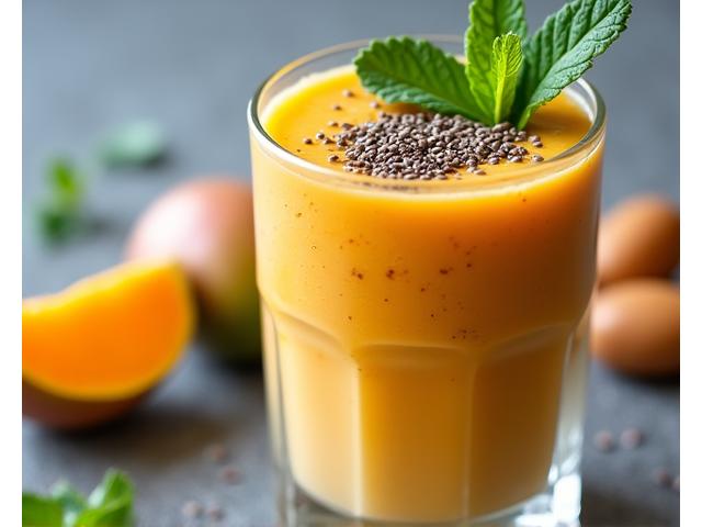 Smoothie vegan berperisa pisang dan coklat dalam gelas kaca, dihiasi dengan serpihan kelapa dan biji rami.